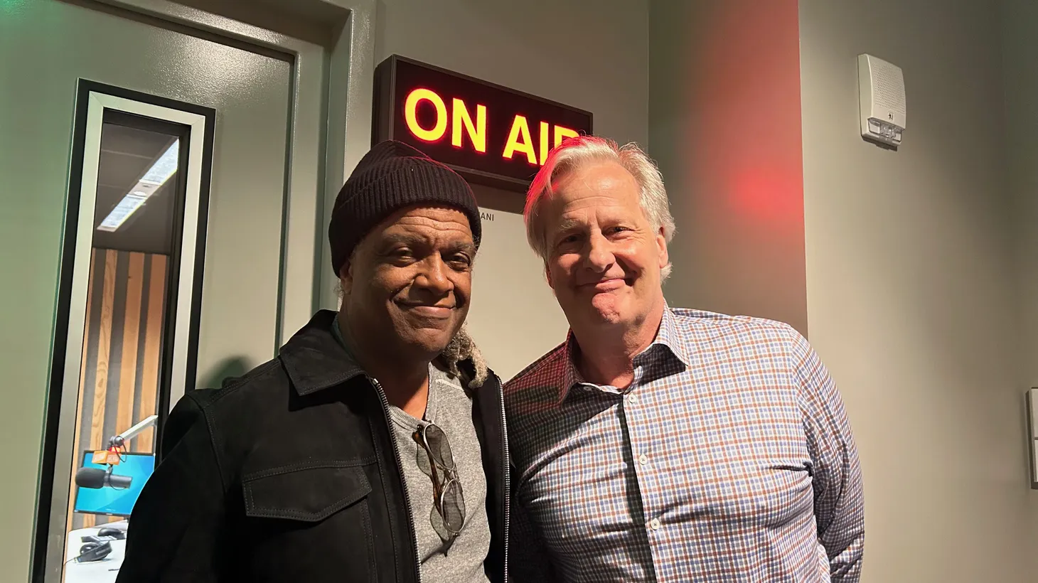 Elvis Mitchell and Jeff Daniels at KCRW. Photo credit: Rebecca Mooney.