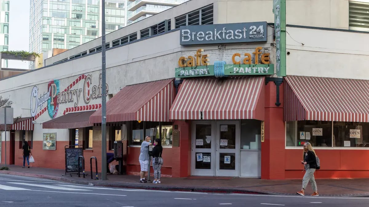 People wait to enter the Original Pantry Café in Downtown Los Angeles, Nov. 2, 2020. Credit: Shutterstock.