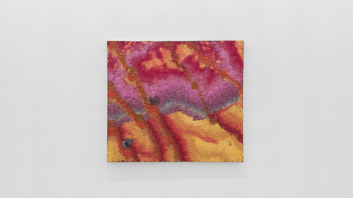 Emma Soucek, “I miss you, but I haven’t met you yet,” 2021. Paper pulp, collage, acrylic paint, glue 48 x 54 inches. Image courtesy of the Artist and Parrasch Heijnen, Los Angeles, CA. 
