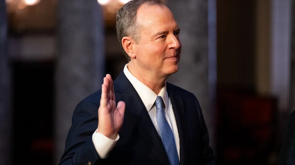 Sen. Adam Schiff raises his right hand for his ceremonial swearing-in administered by Vice President Kamala Harris, December 9, 2024. Credit: Bill Clark/CQ Roll Call/Sipa USA.