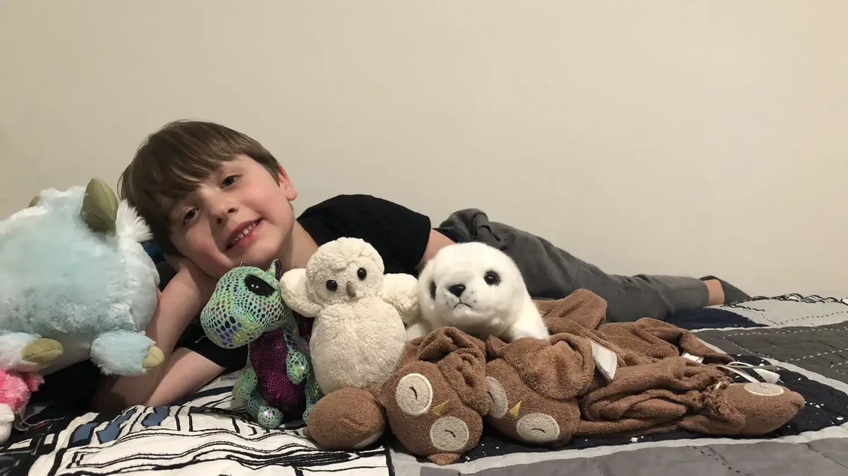 Shana Merrill’s son lies with his owl lovies, before the Palisades Fire. Courtesy of Shana Merrill.