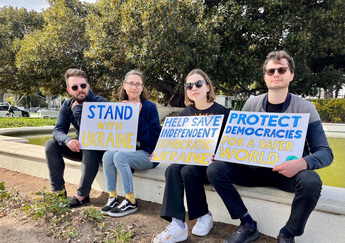 Oksana Dydjuk (second from right) attended a recent rally in Beverly Hills with friends to show support for Ukraine. Photo courtesy of Kerstin Zilm.