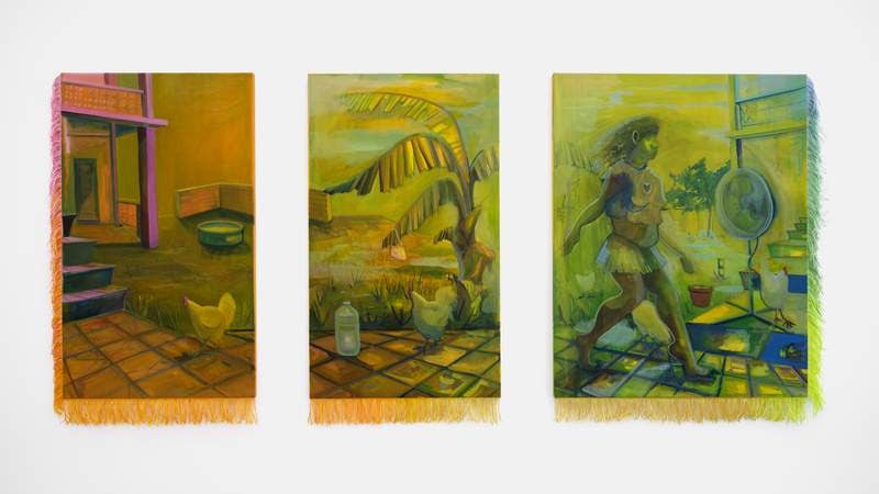 Cielo Félix-Hernández, Caribbean Breeze No.3, 2023, oil and satin on canvas, 60 x 36 in; 60 x 36 in; 60 x 48 in.